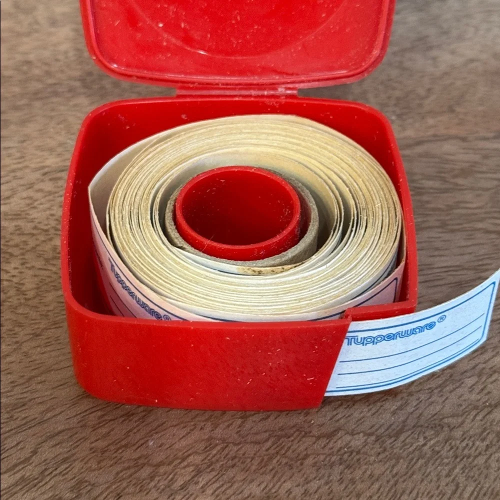 Vintage Tupperware Label Dispenser Red Container with Roll of Labels